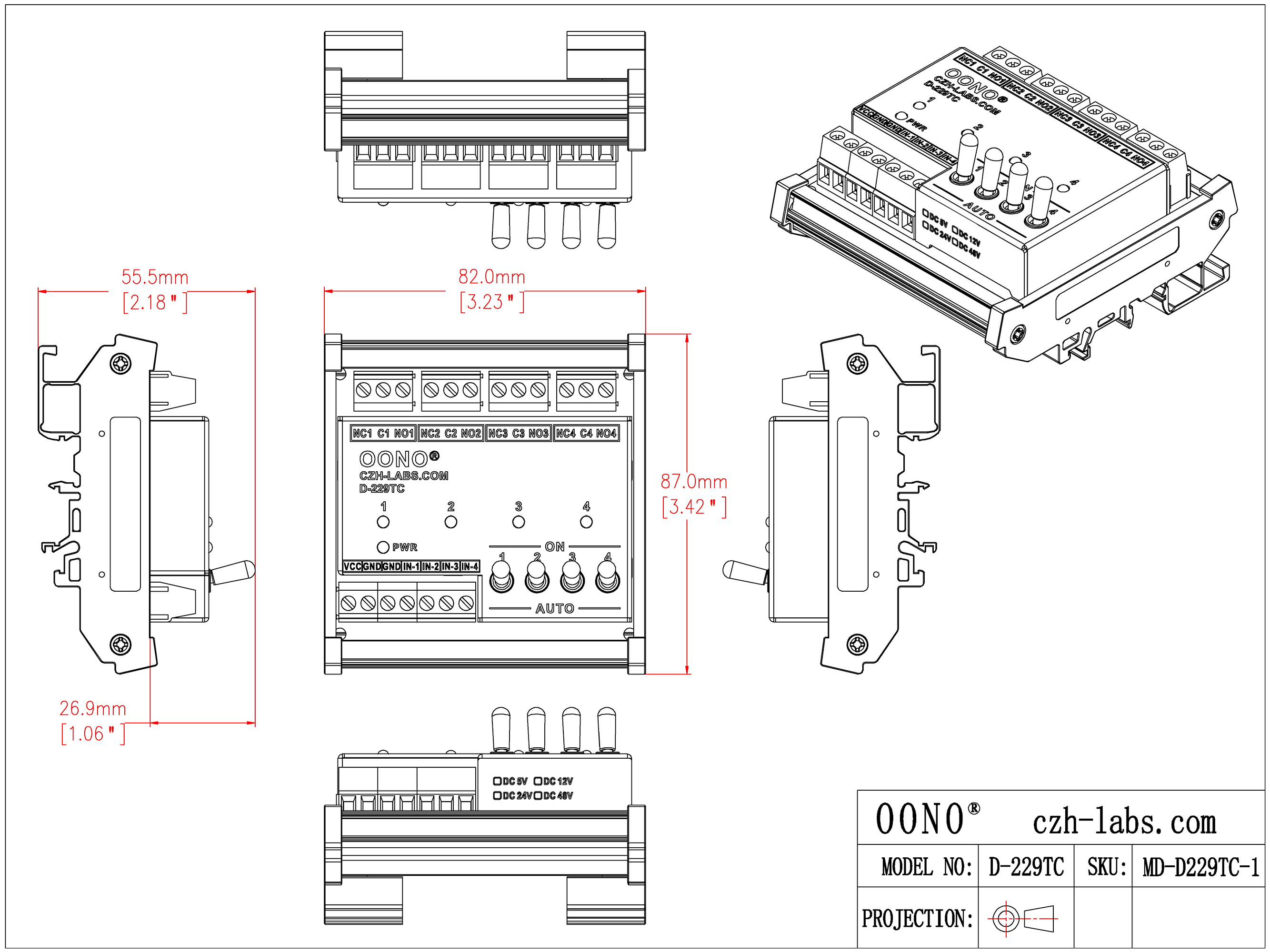 DC5V 4 Channel SPDT 10 Amp Power Relay Module, DIN Rail Mount, with Direct Control Switches