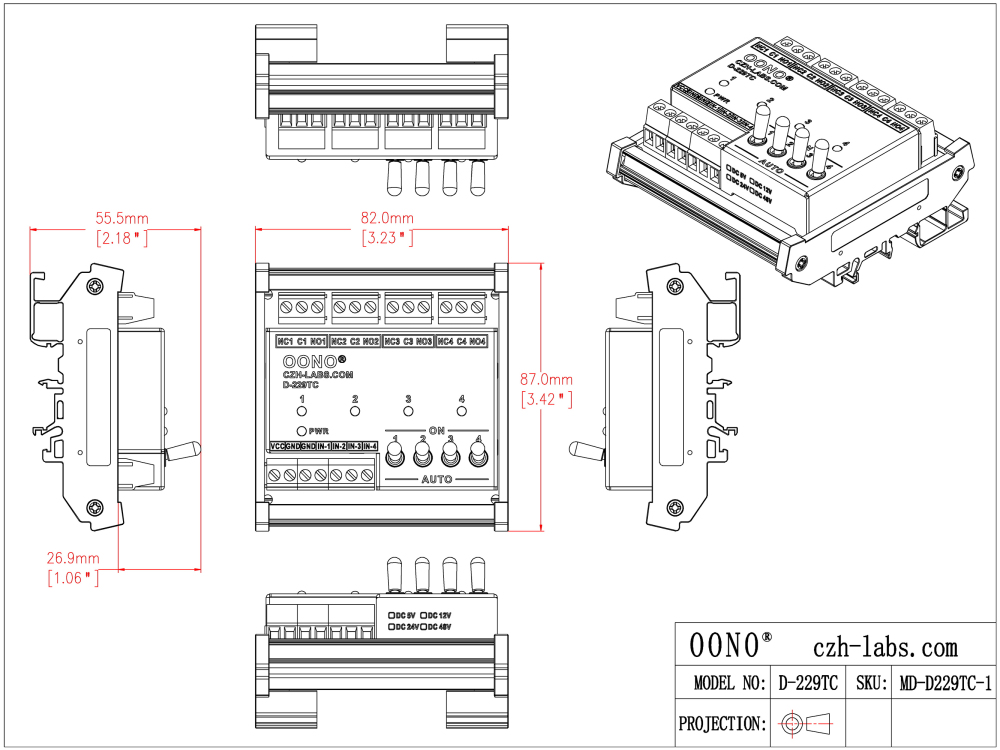 DC5V 4 Channel SPDT 10 Amp Power Relay Module, DIN Rail Mount, with Direct Control Switches