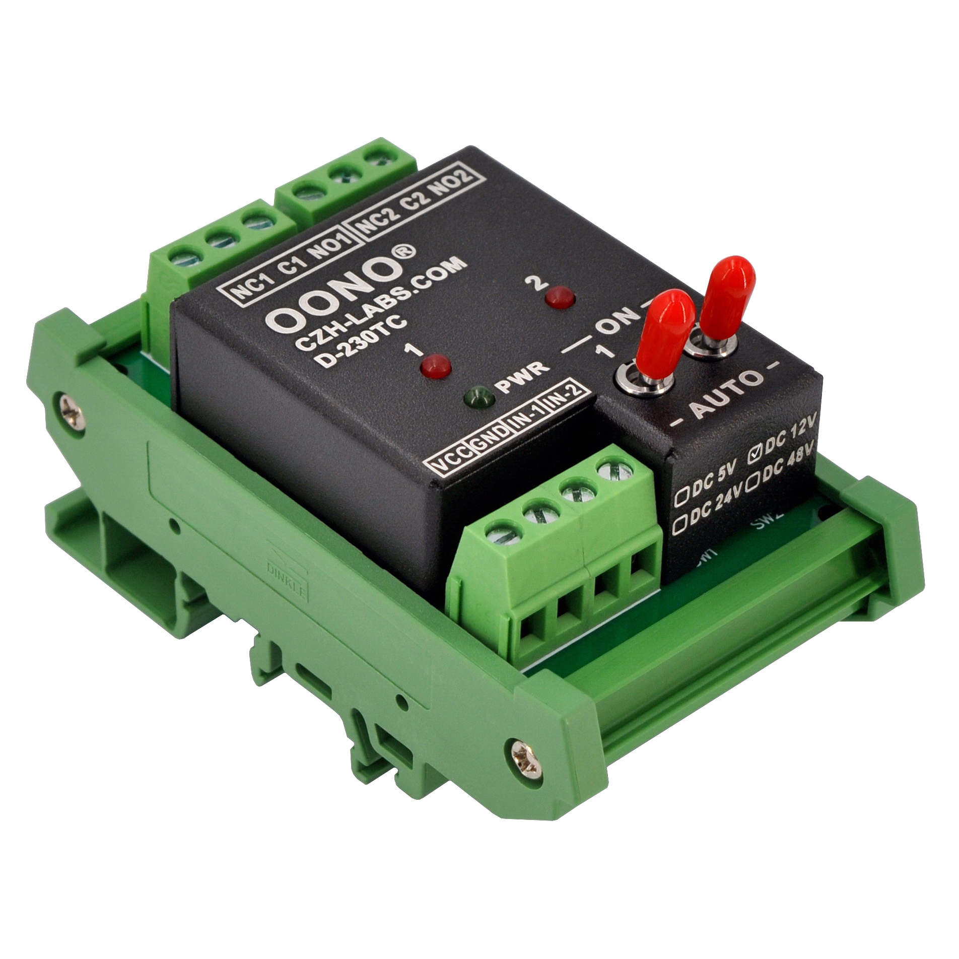 DC12V 2 Channel SPDT 10 Amp Power Relay Module, DIN Rail Mount, with Direct Control Switches