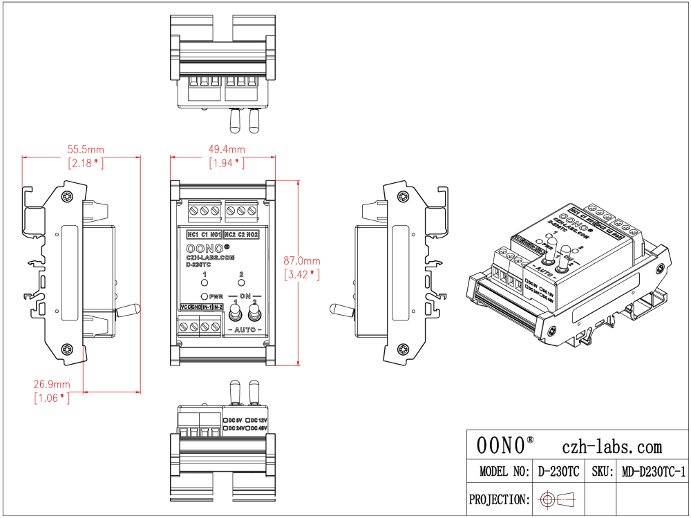 DC5V 2 Channel SPDT 10 Amp Power Relay Module, DIN Rail Mount, with Direct Control Switches