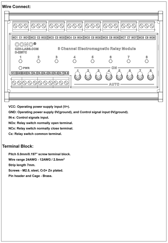 DC5V 8 Channel SPDT 10 Amp Power Relay Module, DIN Rail Mount, with Direct Control Switches