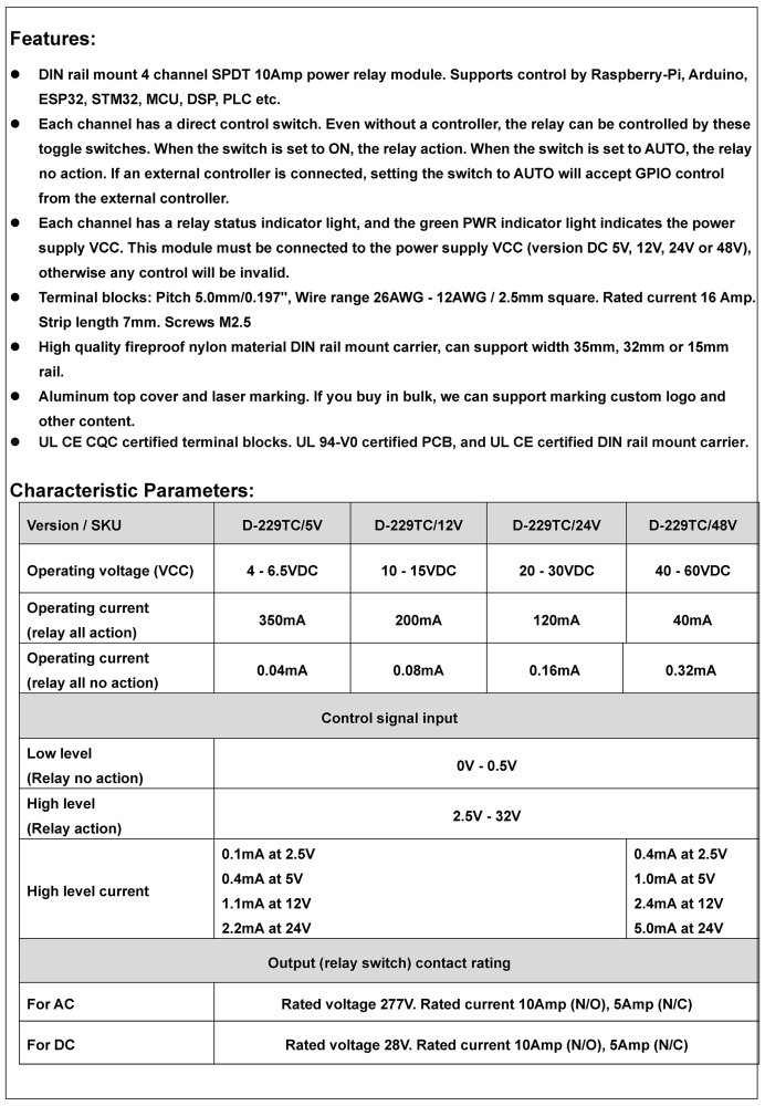 DC5V 4 Channel SPDT 10 Amp Power Relay Module, DIN Rail Mount, with Direct Control Switches