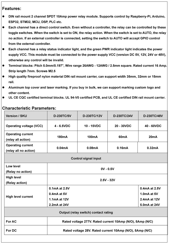 DC5V 2 Channel SPDT 10 Amp Power Relay Module, DIN Rail Mount, with Direct Control Switches