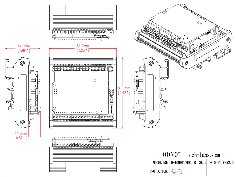 DIN Rail Mount Screw Terminal Block Adapter Module, For Arduino UNO R4 R3 R2 Zero, CZH-LABS D-1099T Ver 2.0