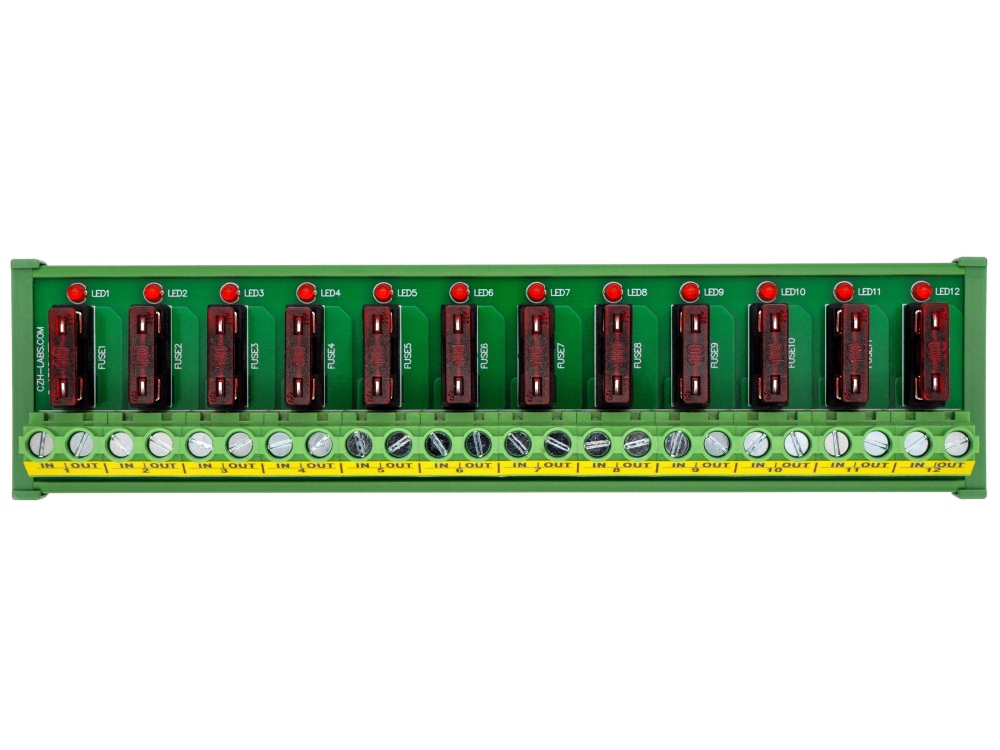 DIN Rail Mount DC 5 - 32V 12 Channel ATO Fuse Module, CZH-LABS D-1708T/32V