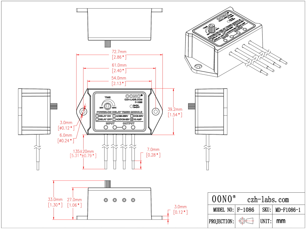 Power-ON Delay OFF Timer Relay Module, AC 85-265V 10Amp, Adjust Time 1-100S, F-1086B/100S