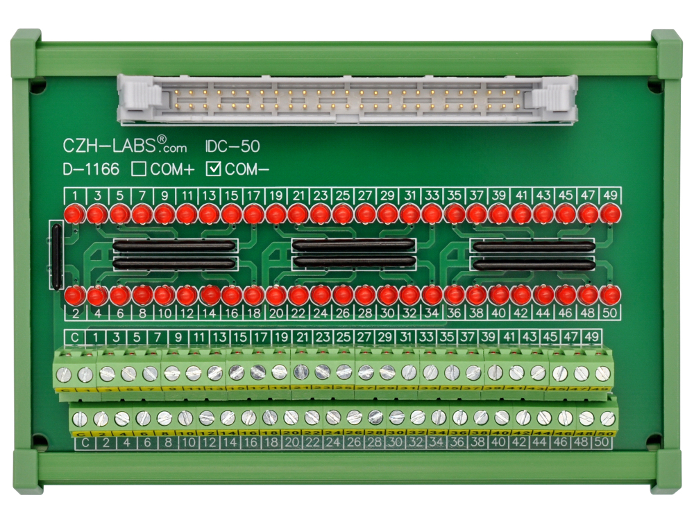 IDC50 Interface Module, COM- with LEDs For Circuit Indication, DIN41651 Flat Ribbon Cable Breakout Board, DIN Rail Mount