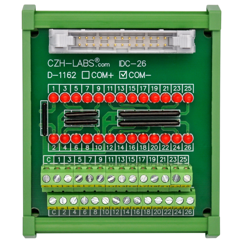 IDC26 Interface Module, COM- with LEDs For Circuit Indication, DIN41651 Flat Ribbon Cable Breakout Board, DIN Rail Mount