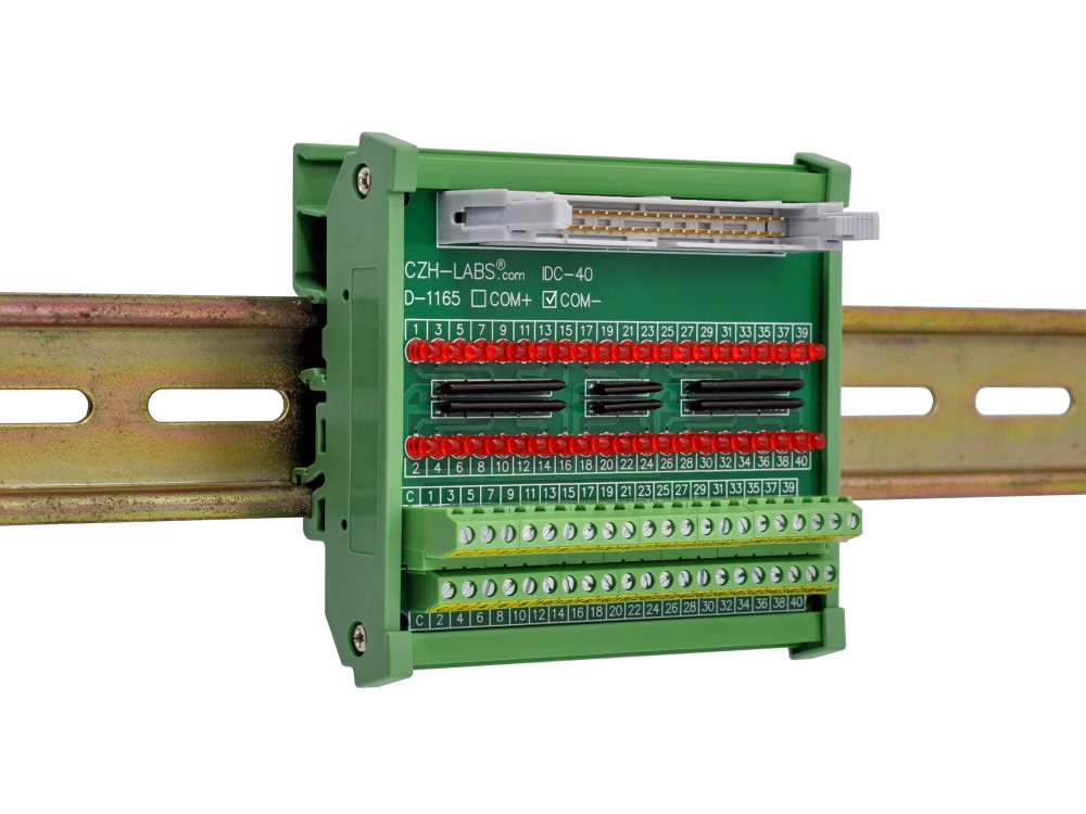 IDC40 Interface Module, COM- with LEDs For Circuit Indication, DIN41651 Flat Ribbon Cable Breakout Board, DIN Rail Mount
