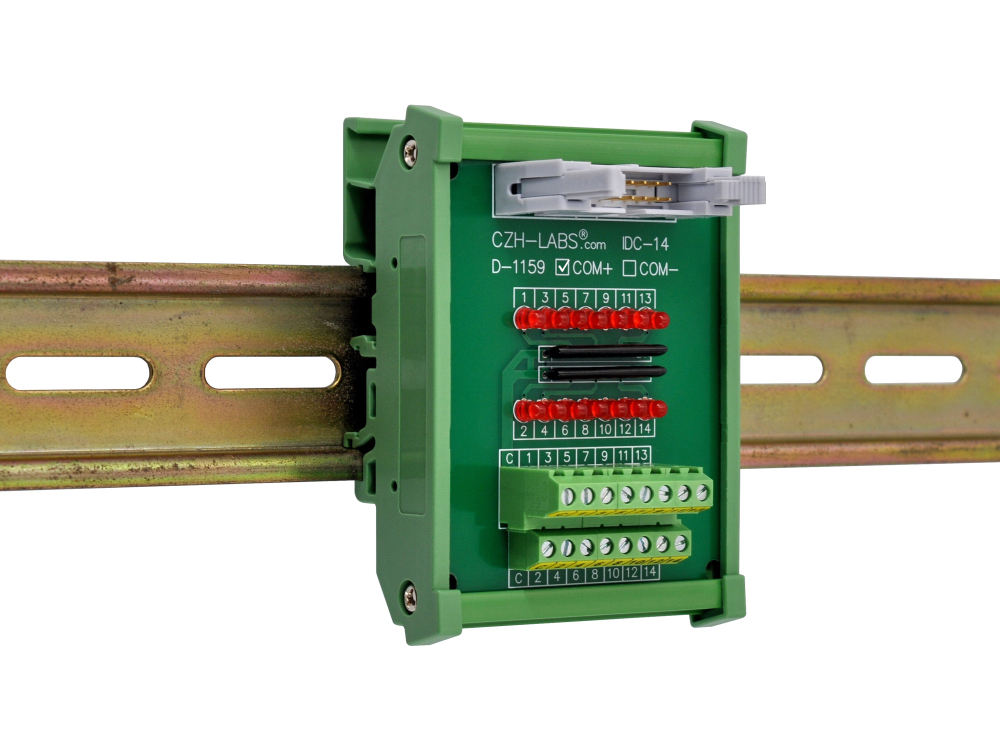 IDC14 Interface Module, COM+ with LEDs For Circuit Indication, DIN41651 Flat Ribbon Cable Breakout Board, DIN Rail Mount