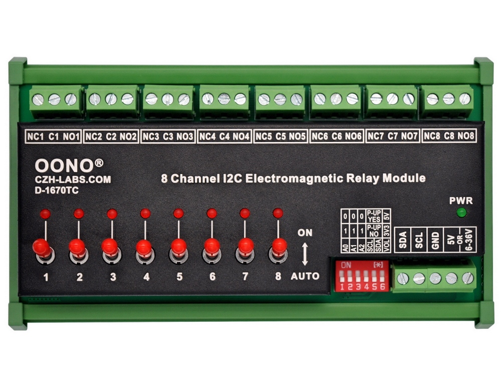 PCF8574 I2C 8 Channel SPDT 10 Amp Electromagnetic Power Relay Module, with Direct Control Switches, DIN Rail Mount