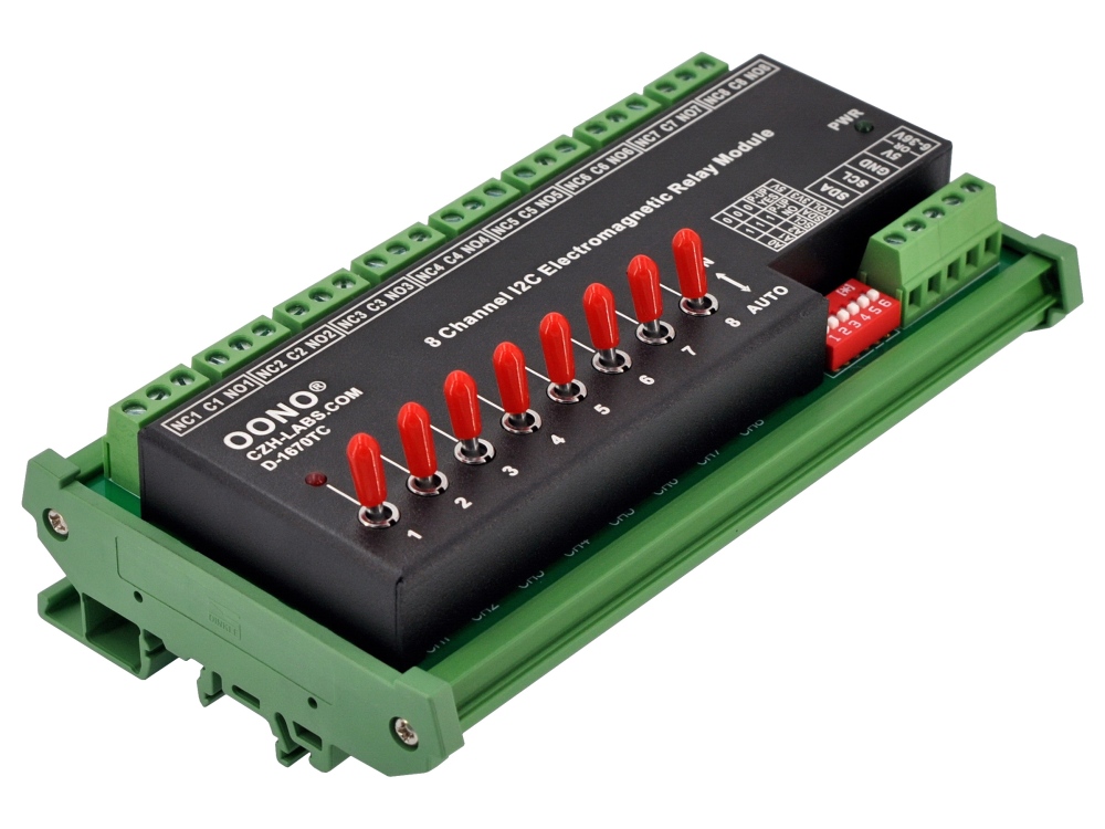 PCF8574 I2C 8 Channel SPDT 10 Amp Electromagnetic Power Relay Module, with Direct Control Switches, DIN Rail Mount