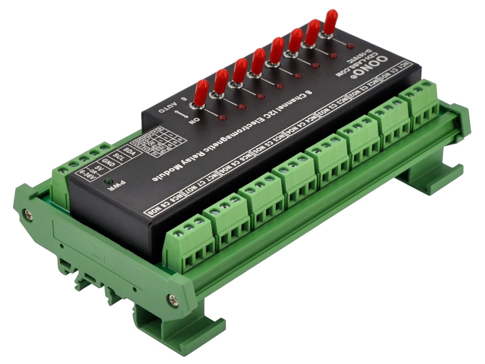 PCF8574 I2C 8 Channel SPDT 10 Amp Electromagnetic Power Relay Module, with Direct Control Switches, DIN Rail Mount