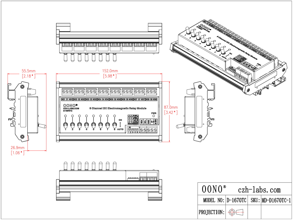 PCF8574 I2C 8 Channel SPDT 10 Amp Electromagnetic Power Relay Module, with Direct Control Switches, DIN Rail Mount