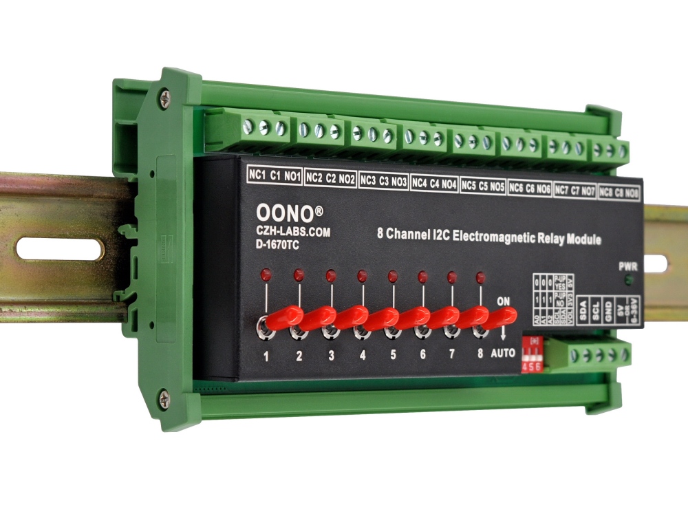 PCF8574 I2C 8 Channel SPDT 10 Amp Electromagnetic Power Relay Module, with Direct Control Switches, DIN Rail Mount