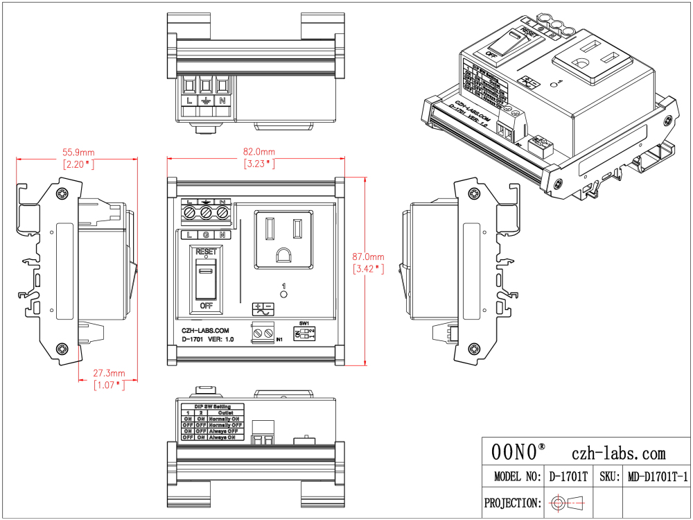 AC Power 1 Channel IoT Relay Outlet Module, DIN Rail or Screw Mounting, Support Normally-OFF Normally-ON Always-OFF Always-ON