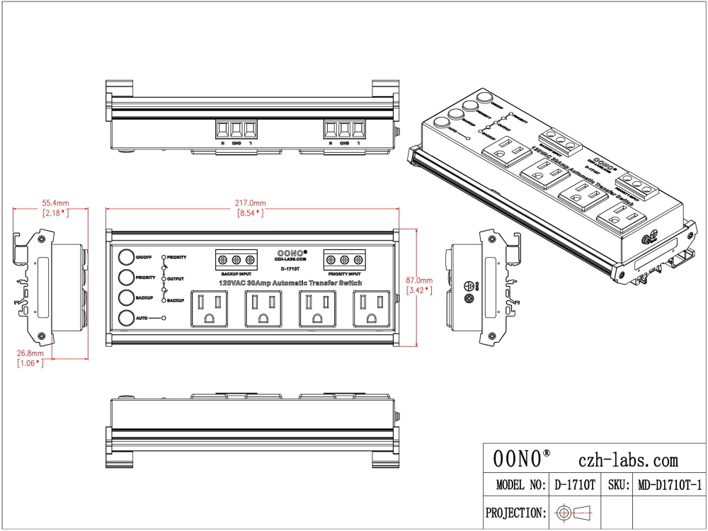 AC120V 30 Amp ATS Automatic Transfer Switch, 4 NEMA-15R Receptacles, DIN Rail or Screw Mounting
