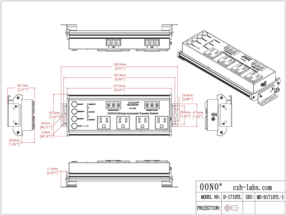 AC120V 30 Amp ATS Automatic Transfer Switch, 4 NEMA-15R Receptacles, DIN Rail or Screw Mounting