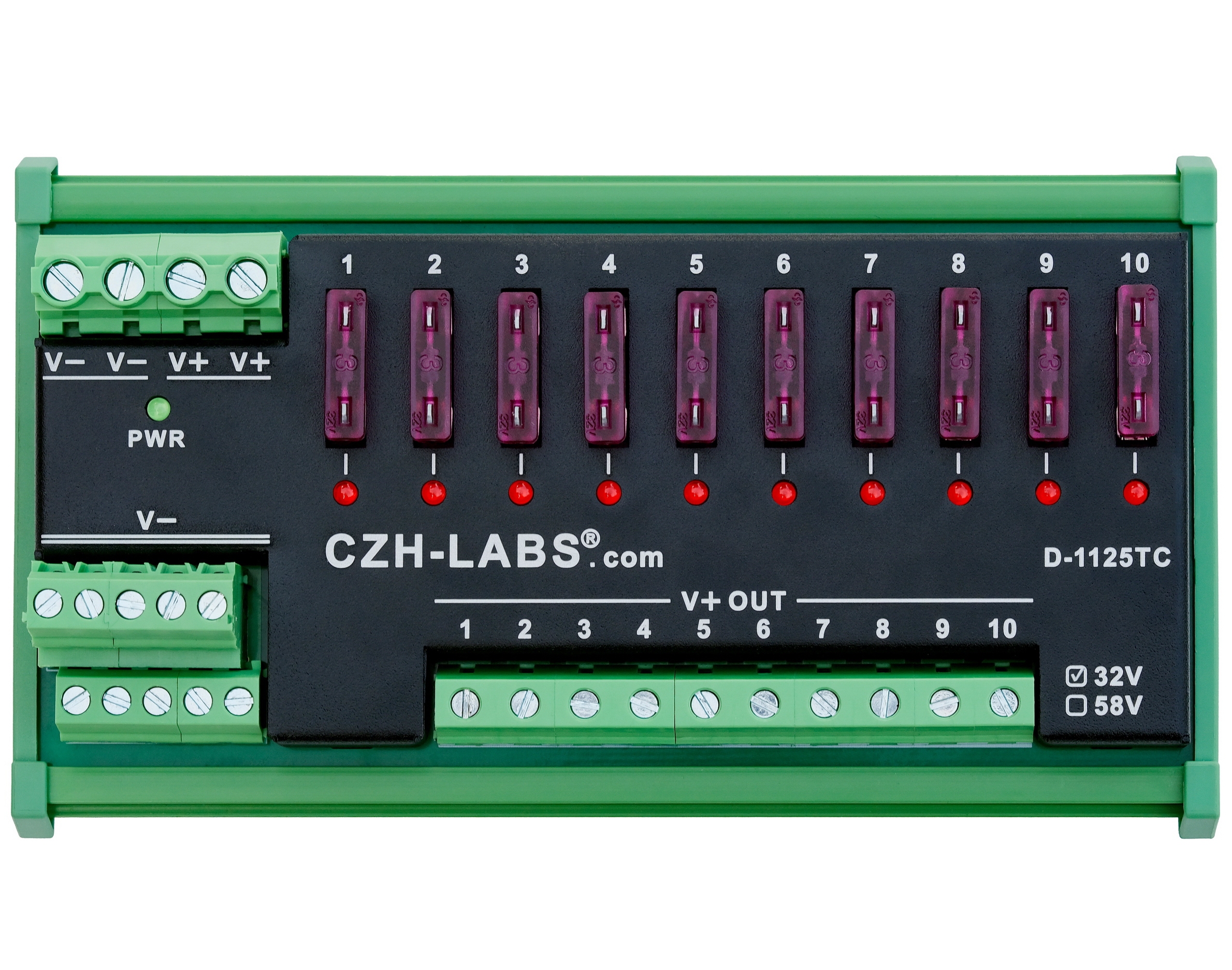 DIN Rail Mount DC 5-32V 10 Position Screw Terminal Block Power Distribution Module, CZH-LABS D-1125TC/32V