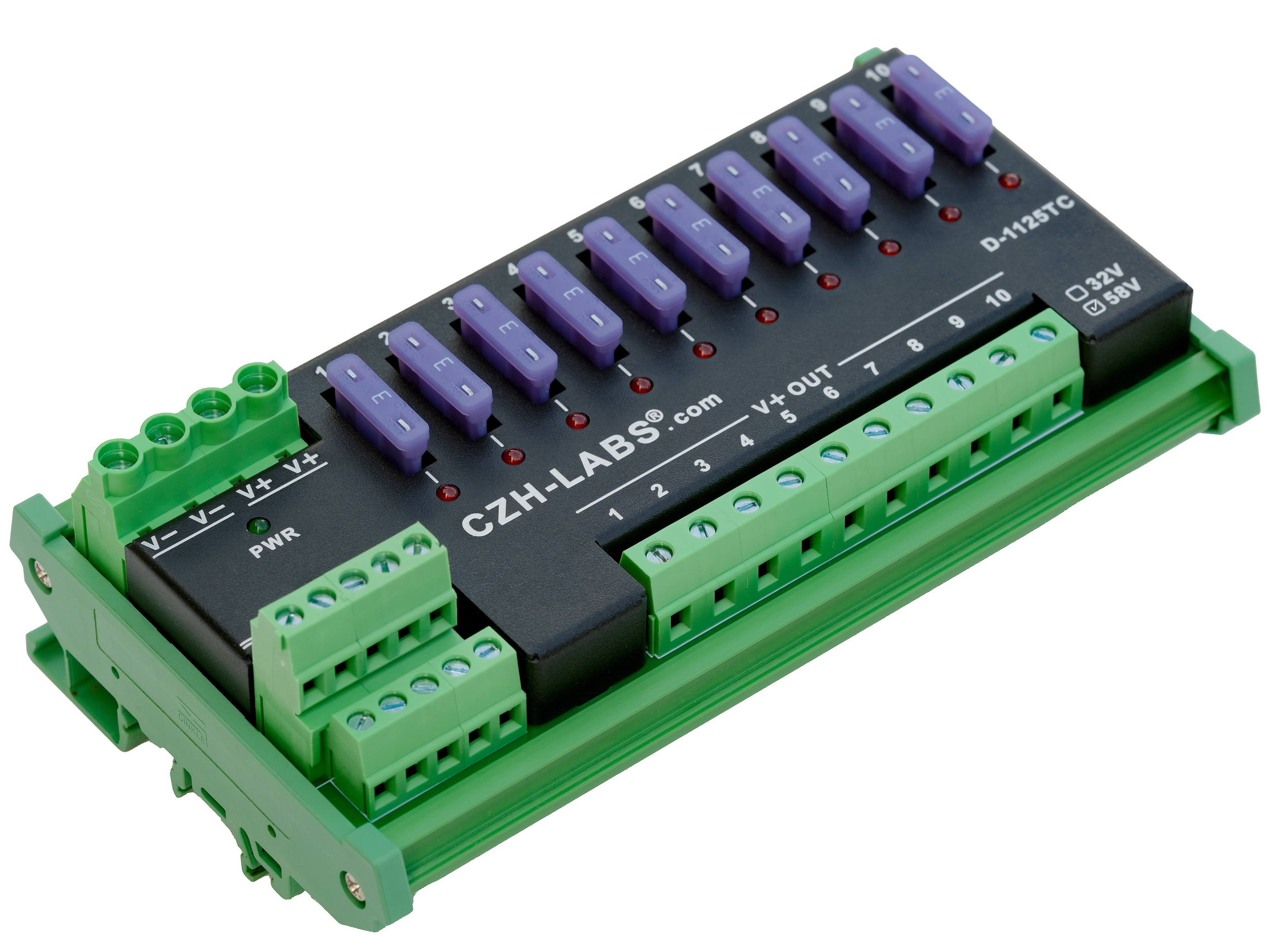 DIN Rail Mount DC 5-58V 10 Position Screw Terminal Block Power Distribution Module, CZH-LABS D-1125TC/58V