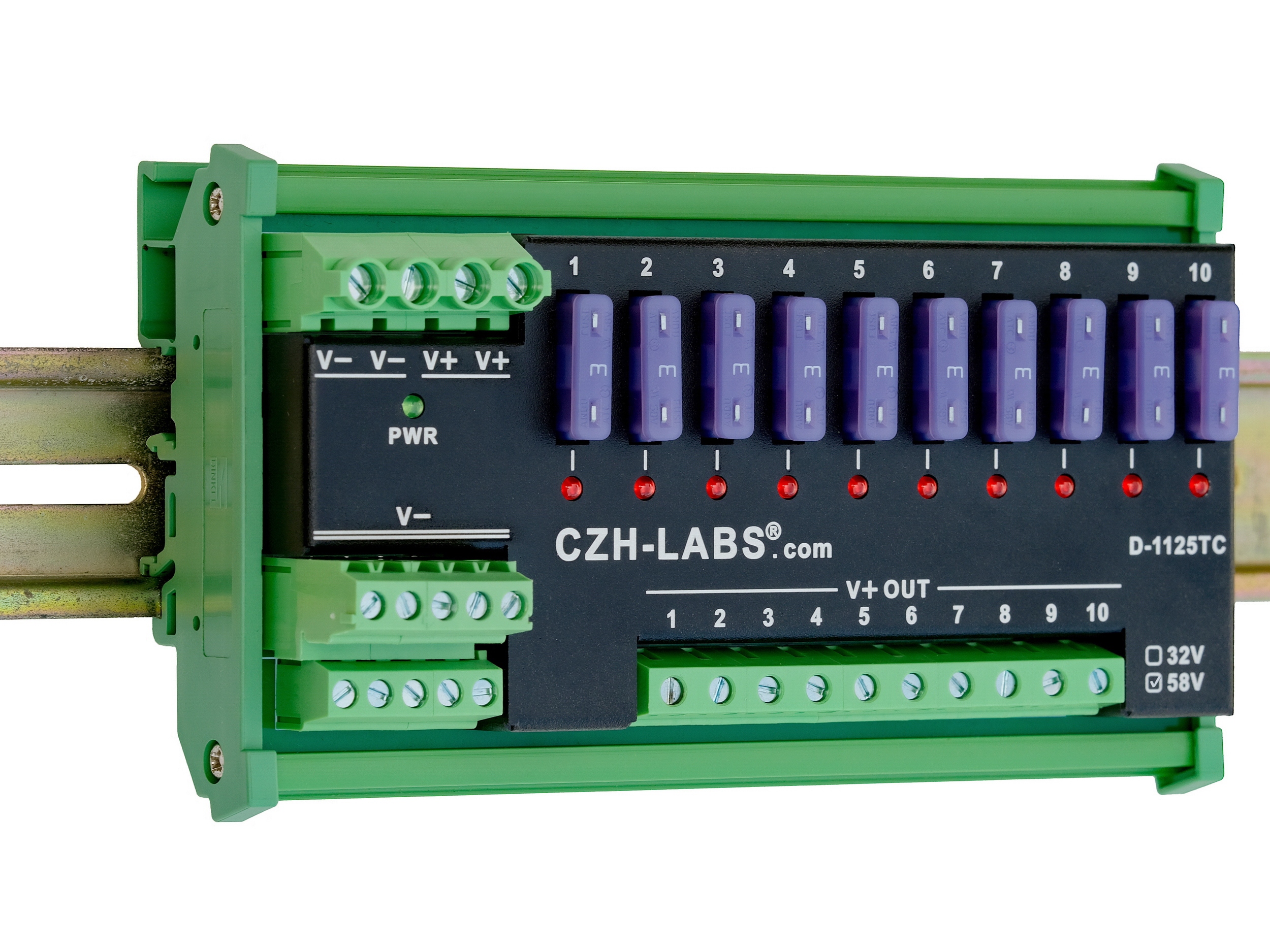 DIN Rail Mount DC 5-58V 10 Position Screw Terminal Block Power Distribution Module, CZH-LABS D-1125TC/58V