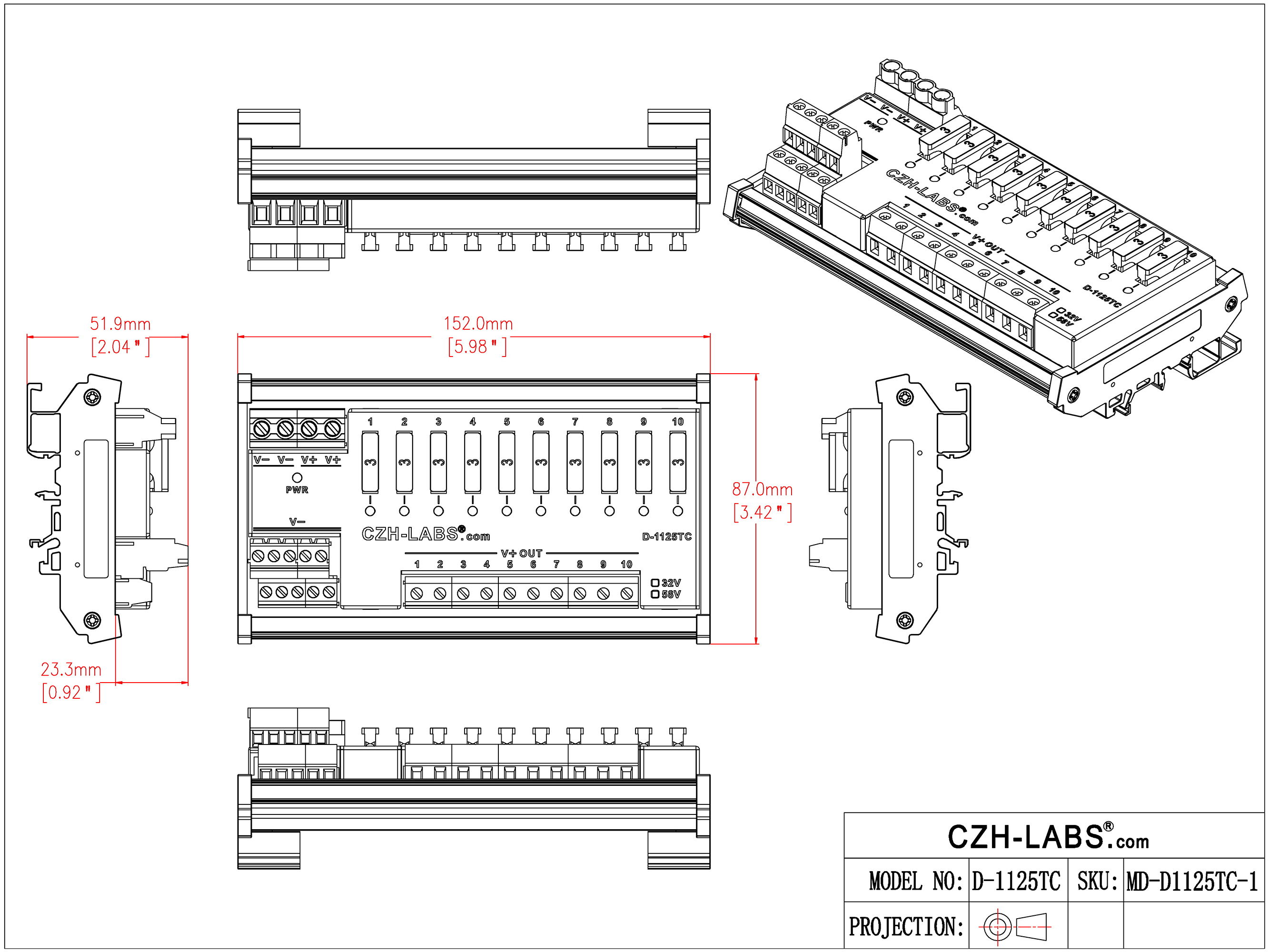 DIN Rail Mount DC 5-58V 10 Position Screw Terminal Block Power Distribution Module, CZH-LABS D-1125TC/58V