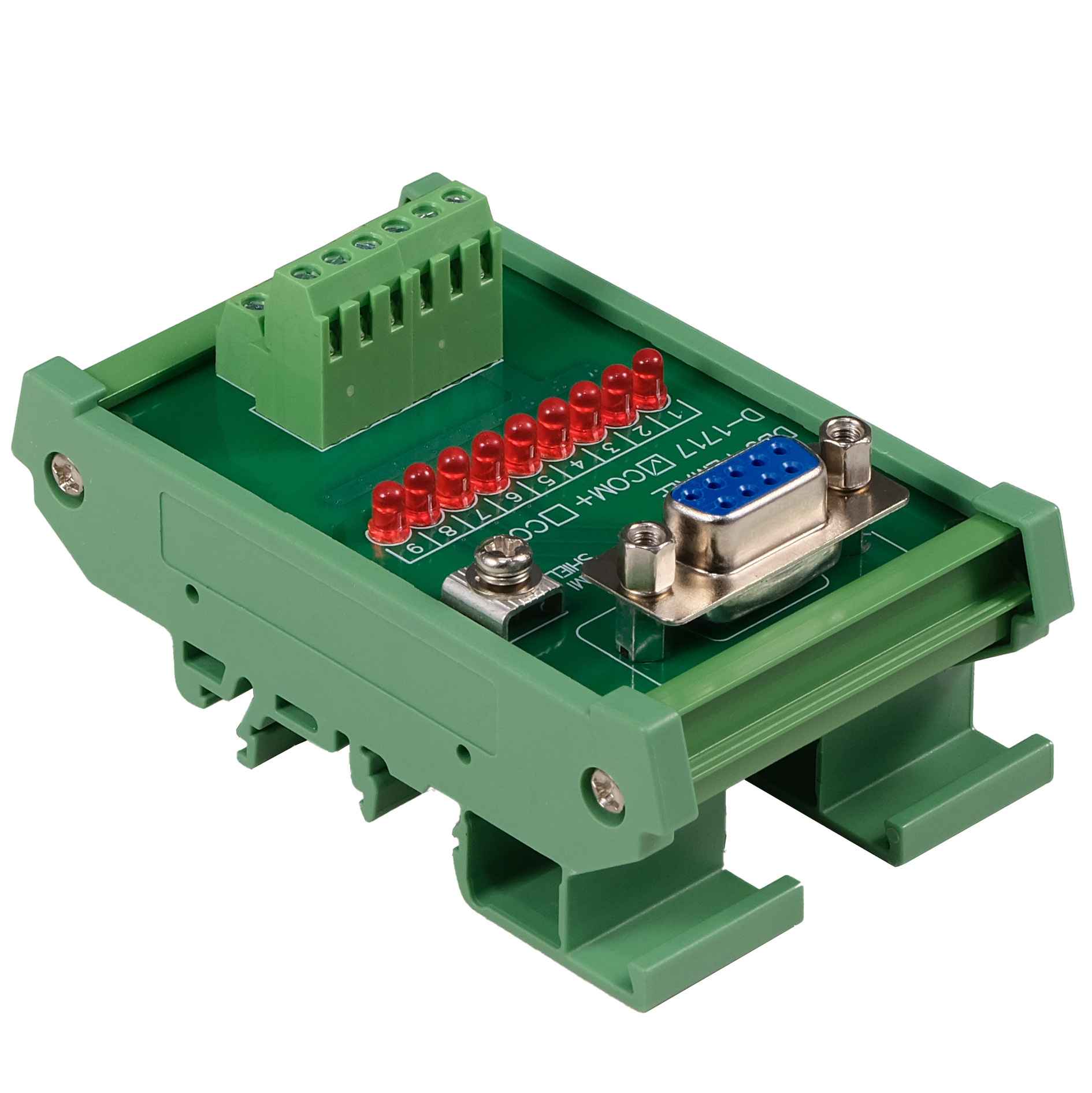 Female DB9 Interface Module, COM+ with LEDs For Circuit Indication, DIN 41652/IEC60807 D-SUB Breakout Board Module, DIN Rail Mount