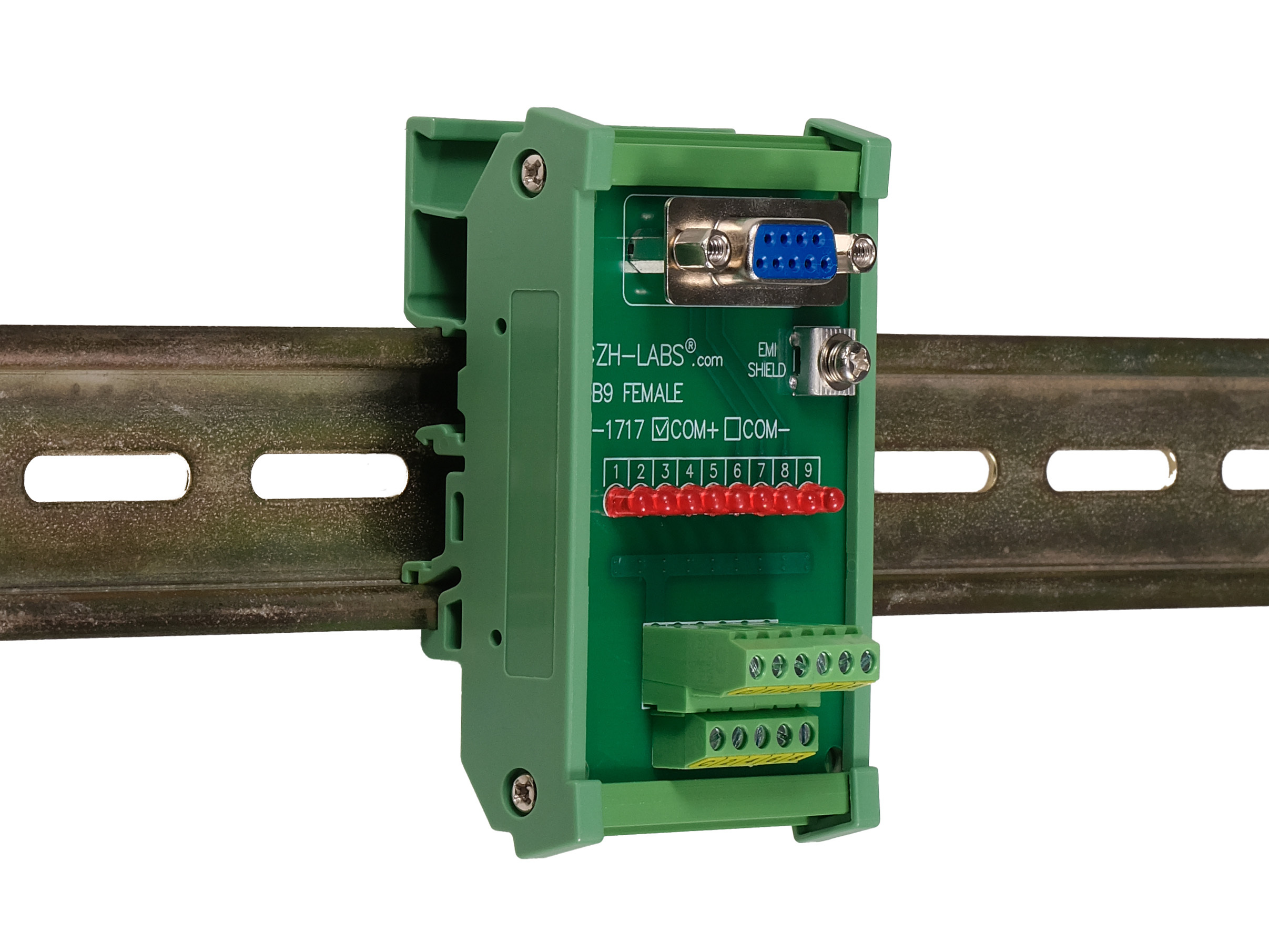 Female DB9 Interface Module, COM+ with LEDs For Circuit Indication, DIN 41652/IEC60807 D-SUB Breakout Board Module, DIN Rail Mount