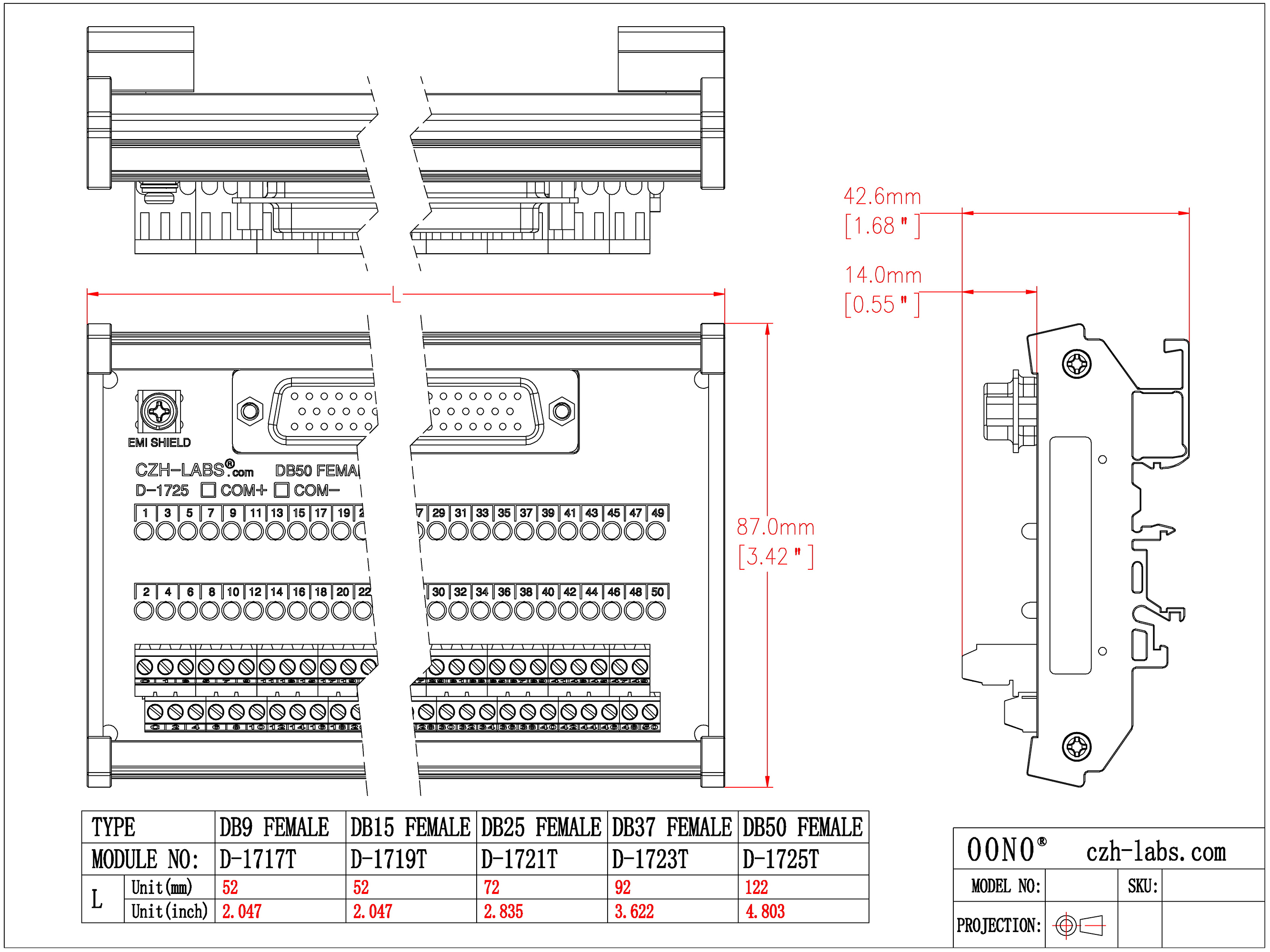 Female DB9 Interface Module, COM+ with LEDs For Circuit Indication, DIN 41652/IEC60807 D-SUB Breakout Board Module, DIN Rail Mount