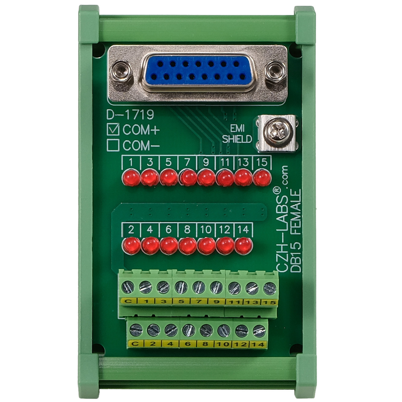 Female DB15 Interface Module, COM+ with LEDs For Circuit Indication, DIN 41652/IEC60807 D-SUB Breakout Board Module, DIN Rail Mount