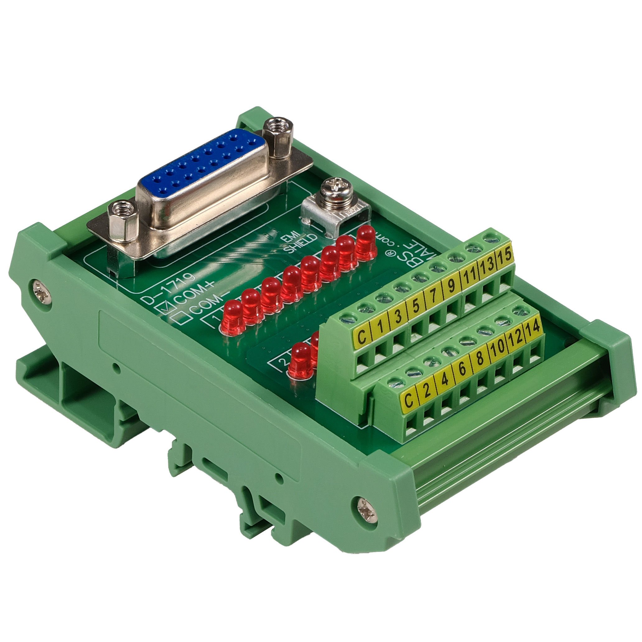 Female DB15 Interface Module, COM+ with LEDs For Circuit Indication, DIN 41652/IEC60807 D-SUB Breakout Board Module, DIN Rail Mount