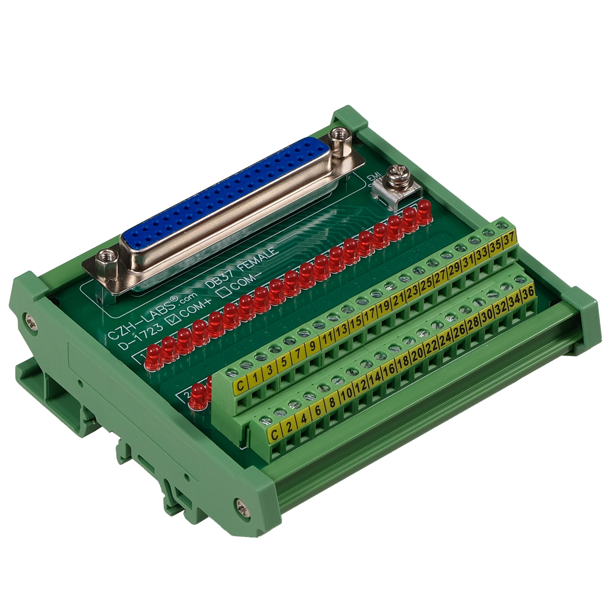 Female DB37 Interface Module, COM+ with LEDs For Circuit Indication, DIN 41652/IEC60807 D-SUB Breakout Board Module, DIN Rail Mount
