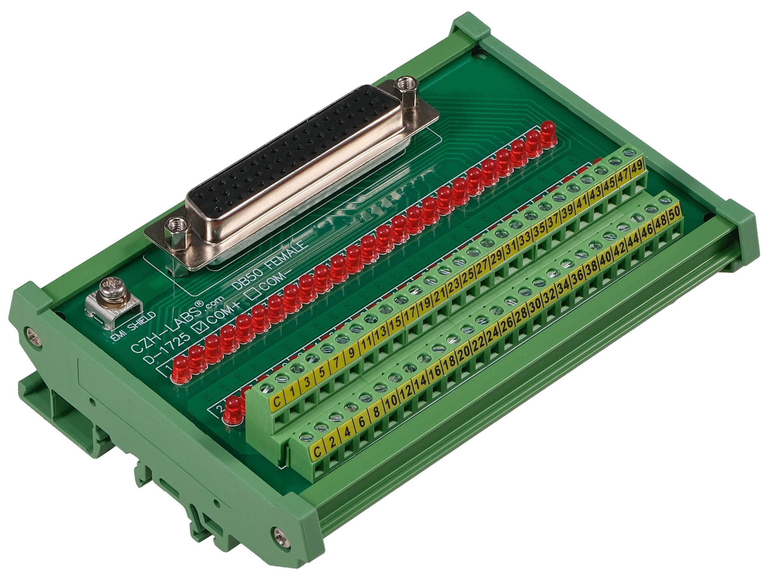Female DB50 Interface Module, COM+ with LEDs For Circuit Indication, DIN 41652/IEC60807 D-SUB Breakout Board Module, DIN Rail Mount