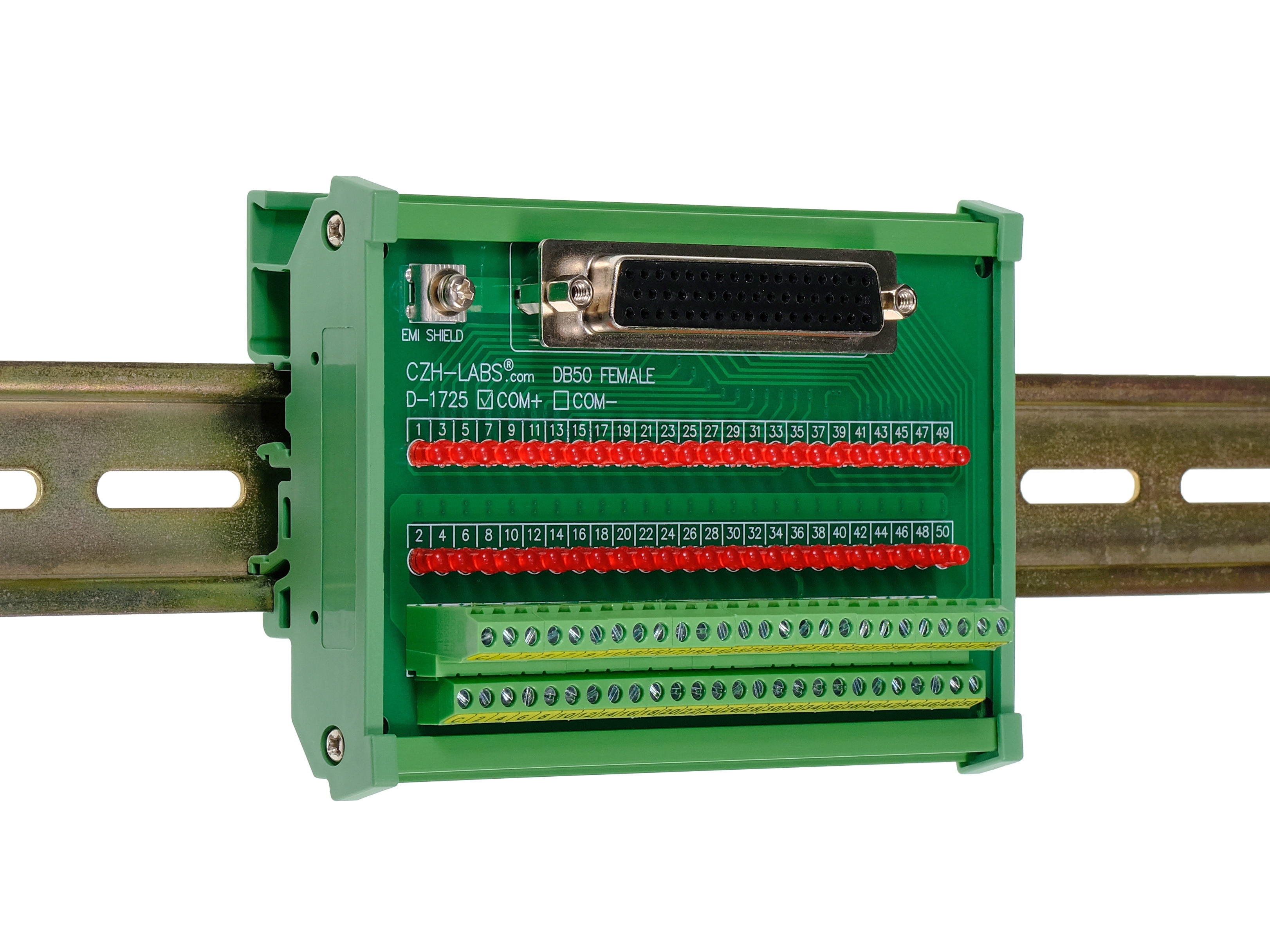 Female DB50 Interface Module, COM+ with LEDs For Circuit Indication, DIN 41652/IEC60807 D-SUB Breakout Board Module, DIN Rail Mount