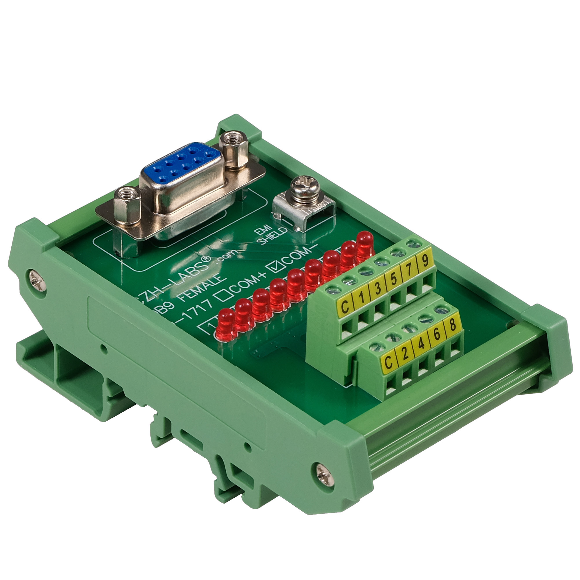 Female DB9 Interface Module, COM- with LEDs For Circuit Indication, DIN 41652/IEC60807 D-SUB Breakout Board Module, DIN Rail Mount