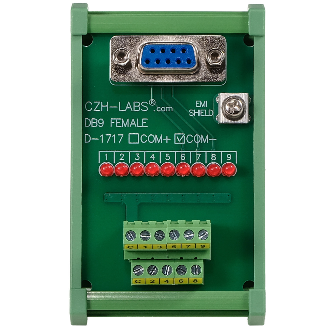 Female DB9 Interface Module, COM- with LEDs For Circuit Indication, DIN 41652/IEC60807 D-SUB Breakout Board Module, DIN Rail Mount