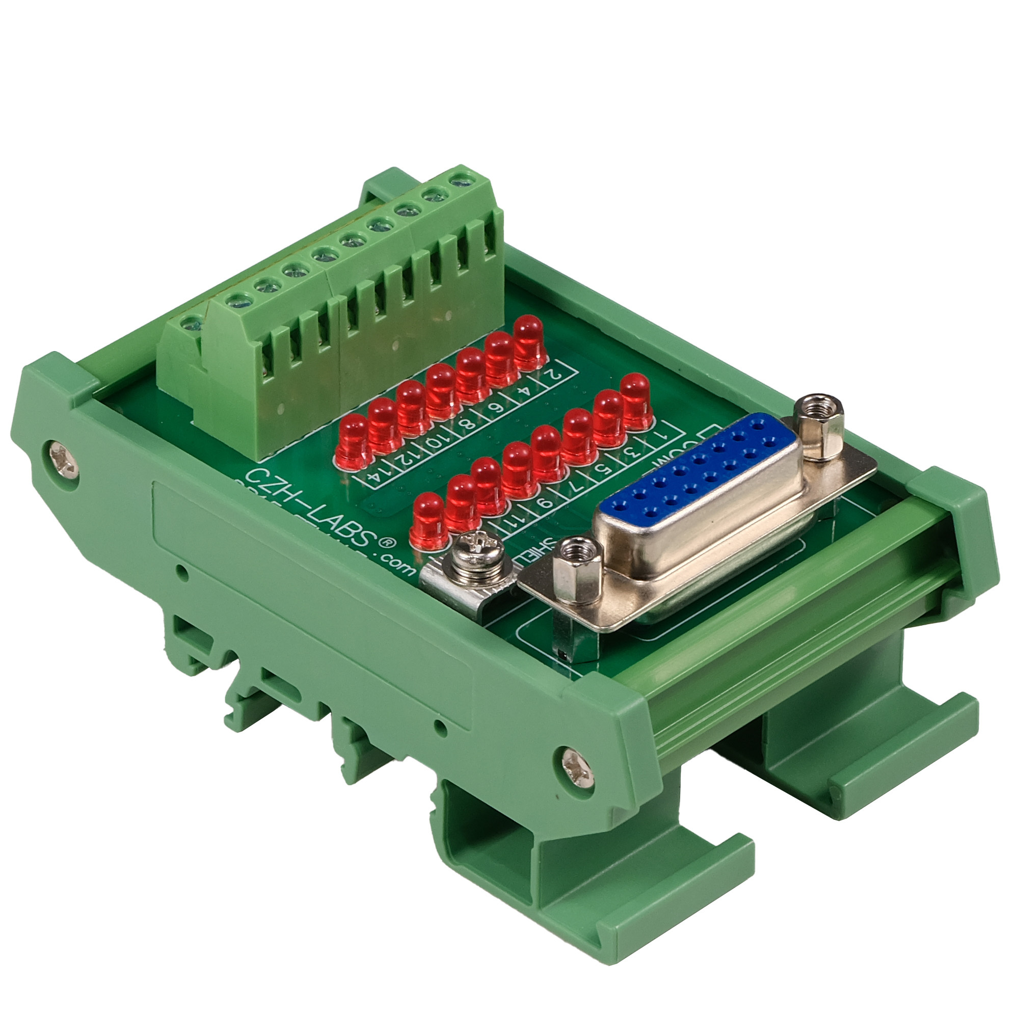Female DB15 Interface Module, COM- with LEDs For Circuit Indication, DIN 41652/IEC60807 D-SUB Breakout Board Module, DIN Rail Mount