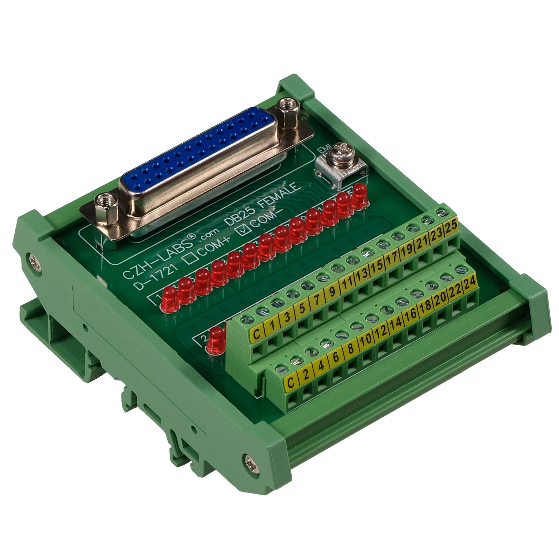 Female DB25 Interface Module, COM- with LEDs For Circuit Indication, DIN 41652/IEC60807 D-SUB Breakout Board Module, DIN Rail Mount