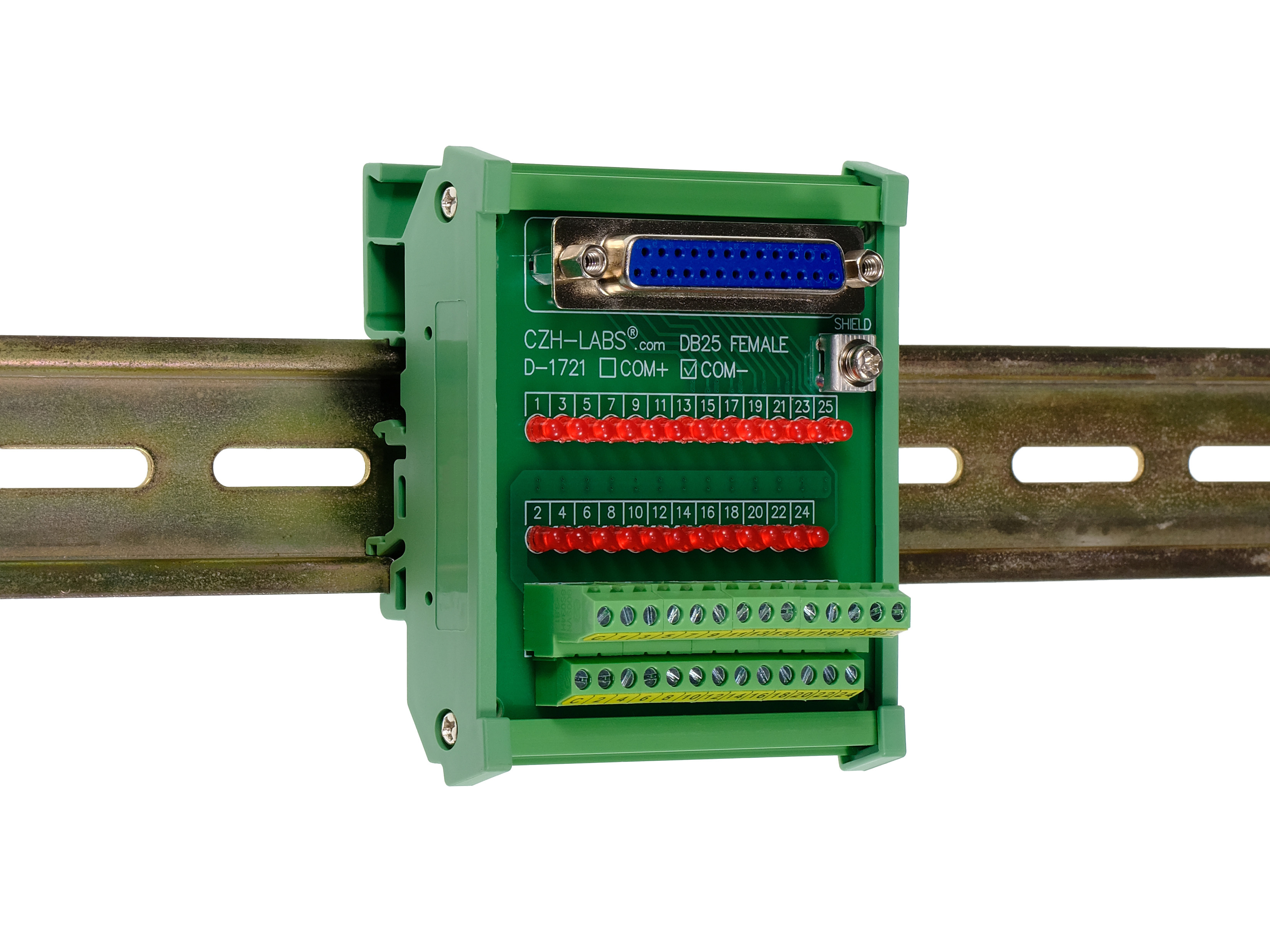 Female DB25 Interface Module, COM- with LEDs For Circuit Indication, DIN 41652/IEC60807 D-SUB Breakout Board Module, DIN Rail Mount