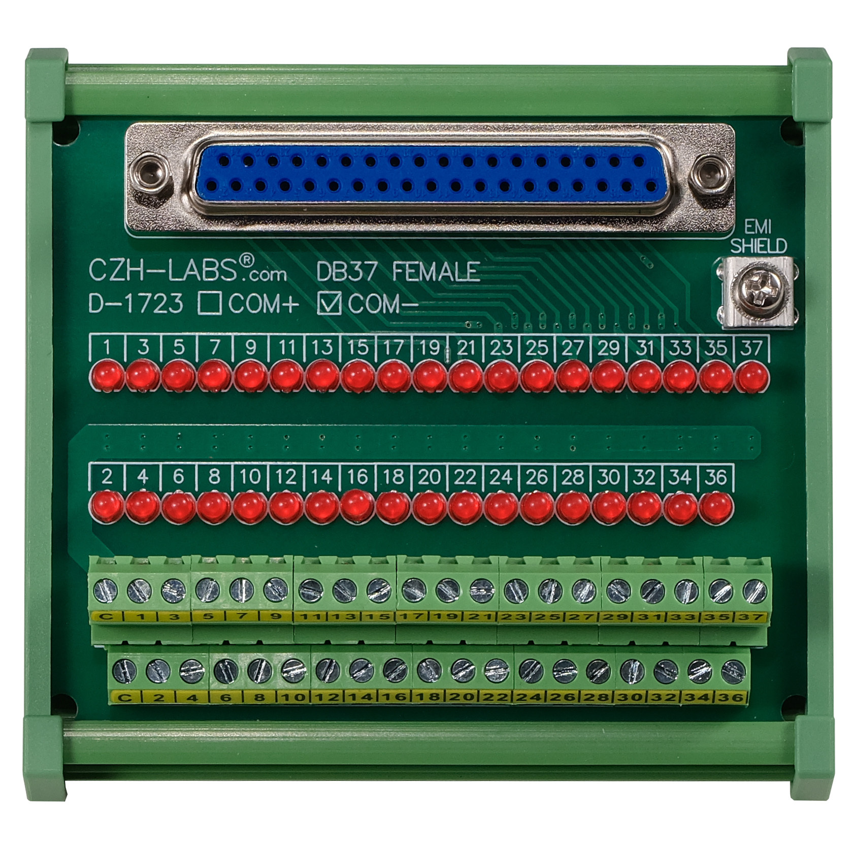 Female DB37 Interface Module, COM- with LEDs For Circuit Indication, DIN 41652/IEC60807 D-SUB Breakout Board Module, DIN Rail Mount