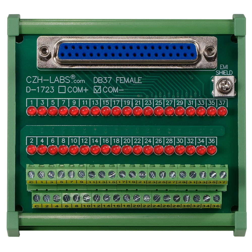 Female DB37 Interface Module, COM- with LEDs For Circuit Indication, DIN 41652/IEC60807 D-SUB Breakout Board Module, DIN Rail Mount