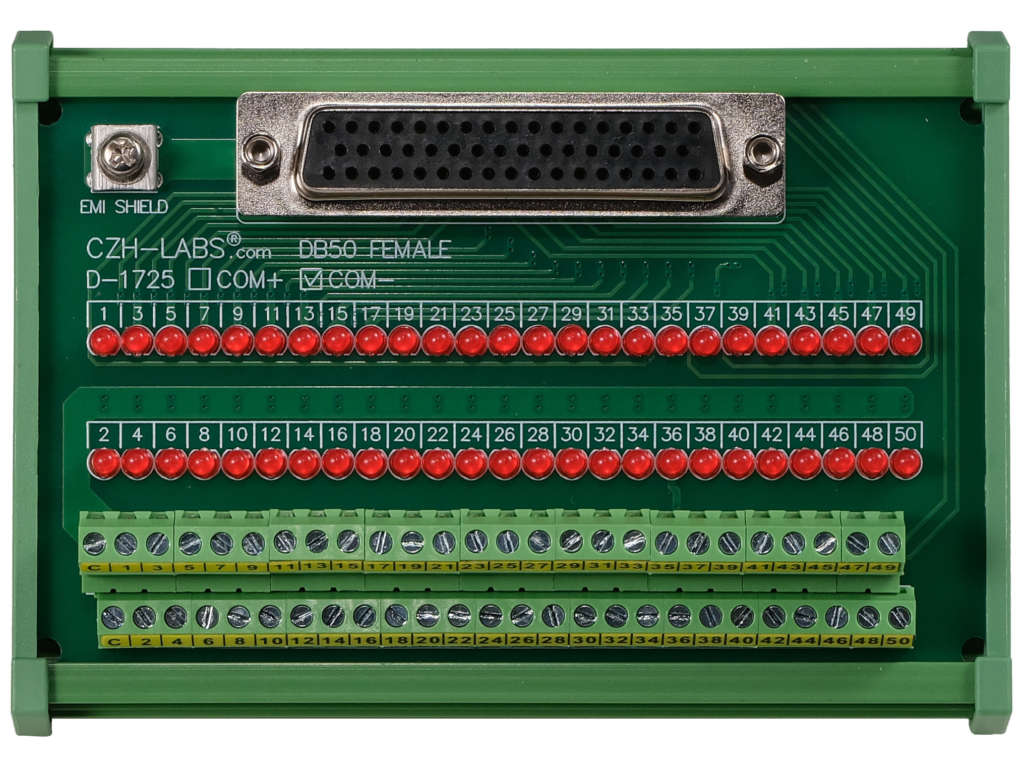 Female DB50 Interface Module, COM- with LEDs For Circuit Indication, DIN 41652/IEC60807 D-SUB Breakout Board Module, DIN Rail Mount