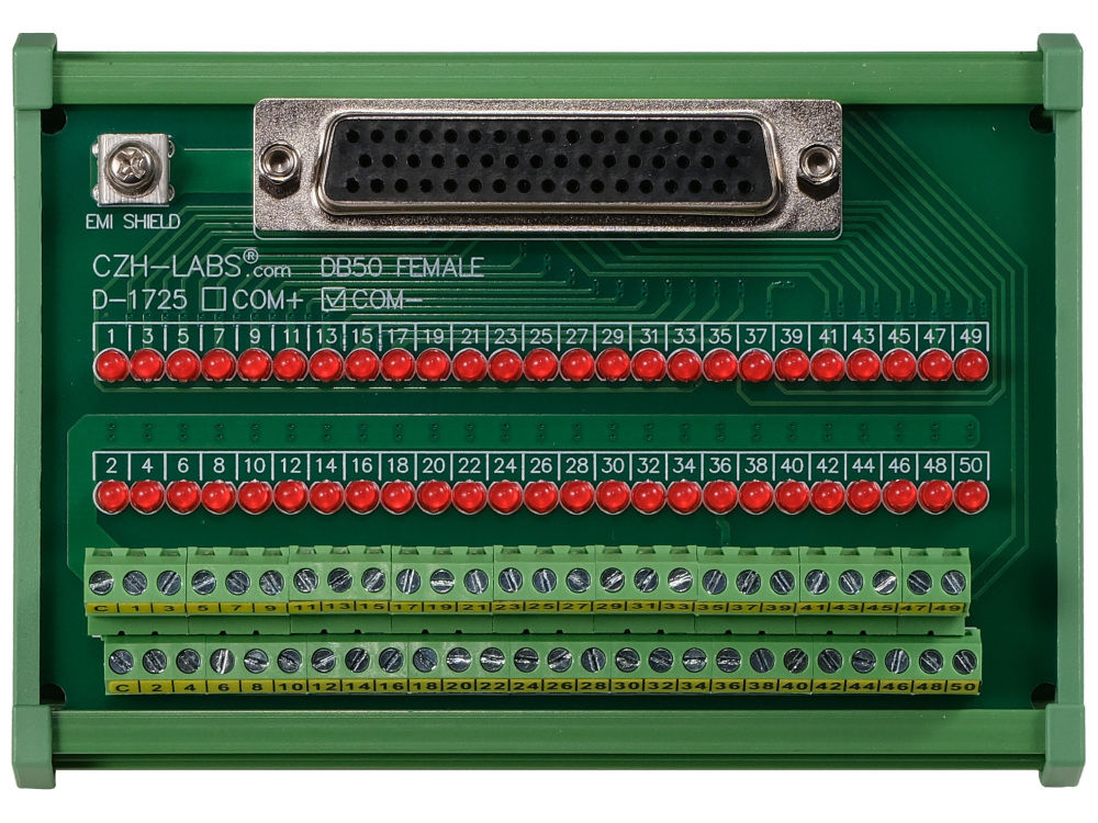Female DB50 Interface Module, COM- with LEDs For Circuit Indication, DIN 41652/IEC60807 D-SUB Breakout Board Module, DIN Rail Mount