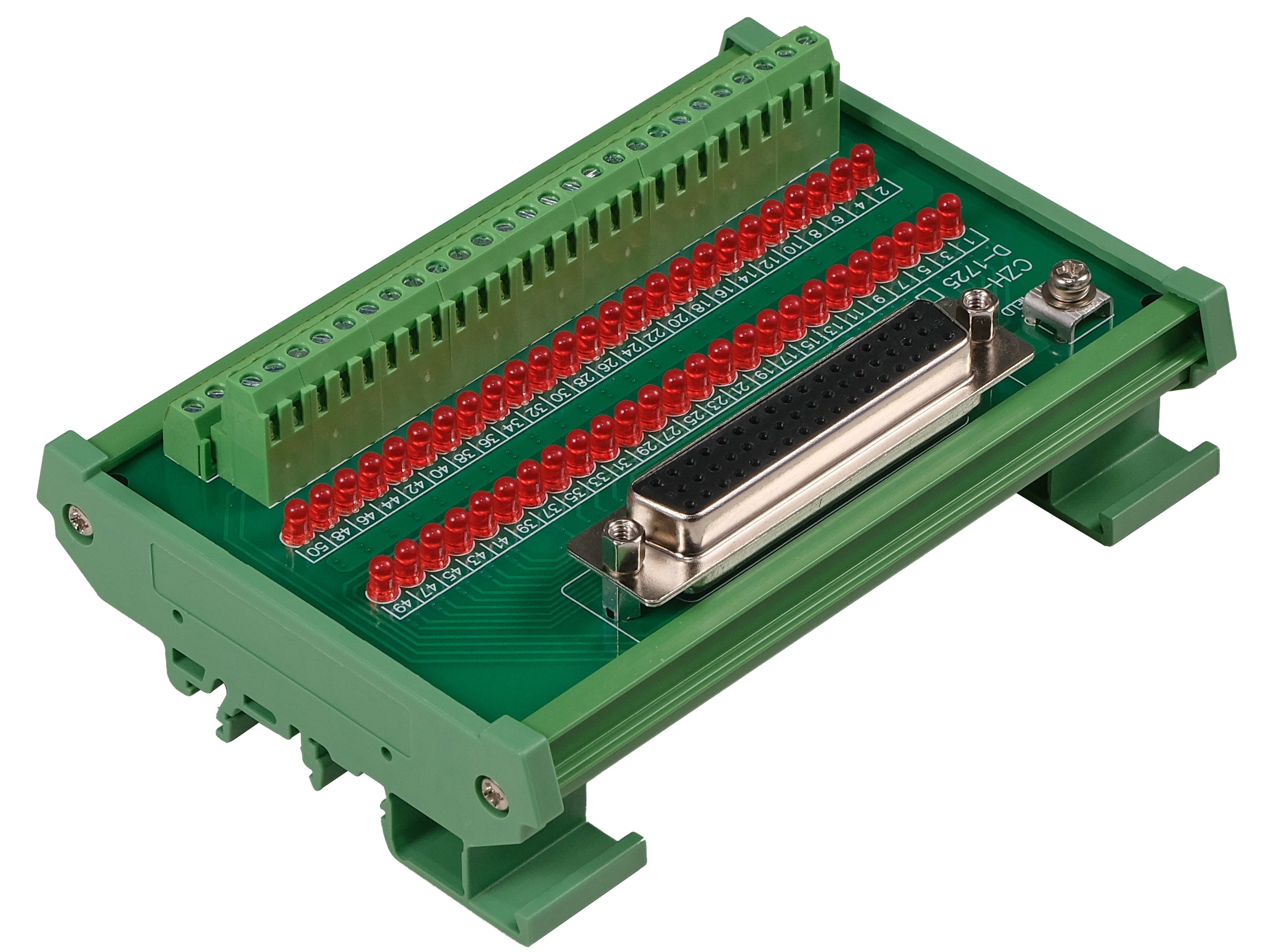 Female DB50 Interface Module, COM- with LEDs For Circuit Indication, DIN 41652/IEC60807 D-SUB Breakout Board Module, DIN Rail Mount