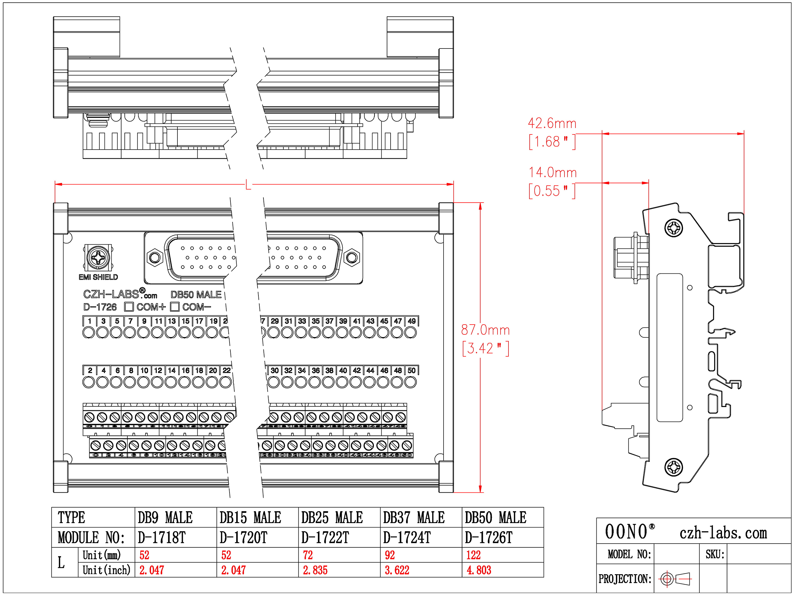Male DB9 Interface Module, COM+ with LEDs For Circuit Indication, DIN 41652/IEC60807 D-SUB Breakout Board Module, DIN Rail Mount