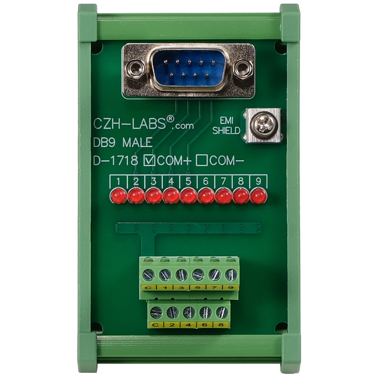 Male DB9 Interface Module, COM+ with LEDs For Circuit Indication, DIN 41652/IEC60807 D-SUB Breakout Board Module, DIN Rail Mount