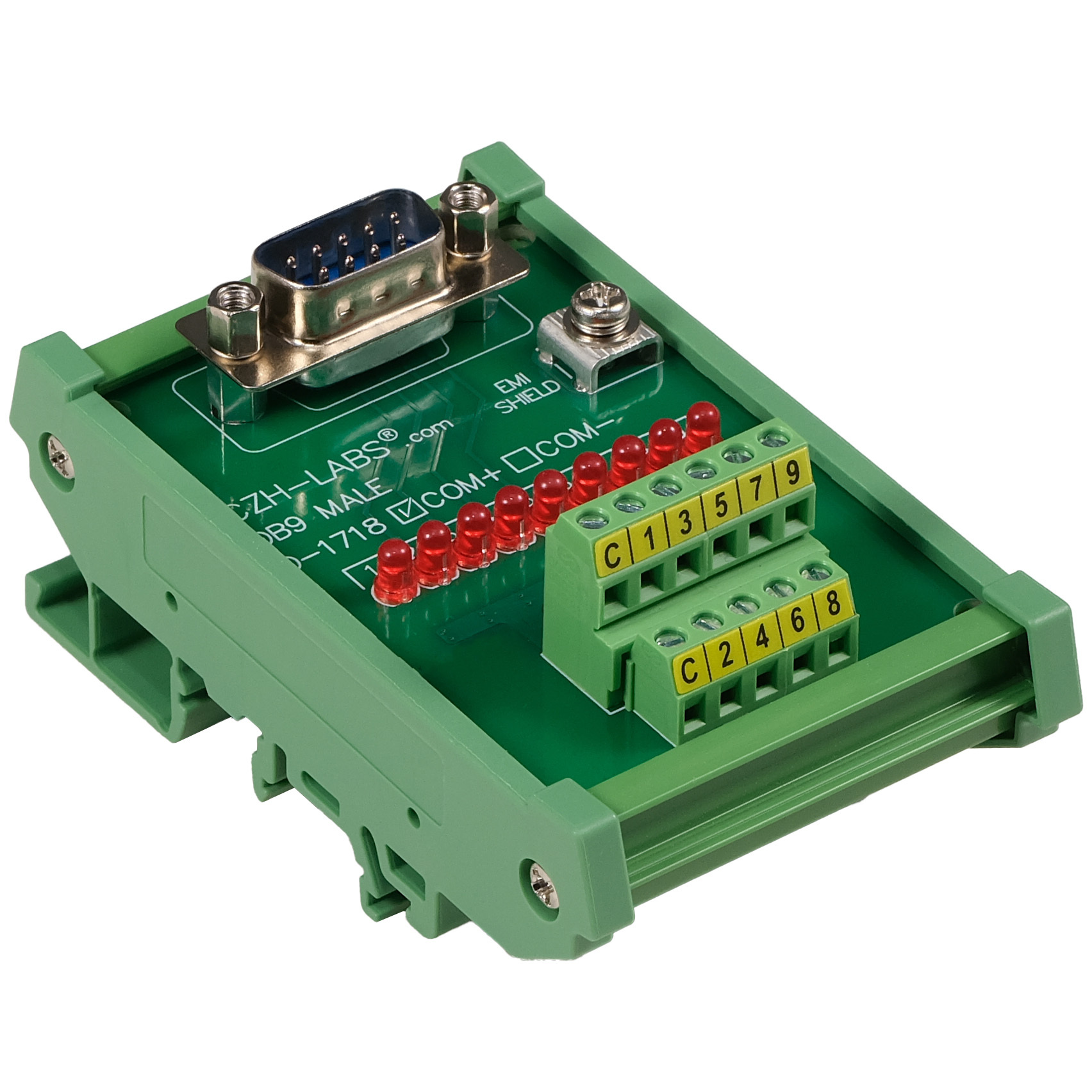 Male DB9 Interface Module, COM+ with LEDs For Circuit Indication, DIN 41652/IEC60807 D-SUB Breakout Board Module, DIN Rail Mount