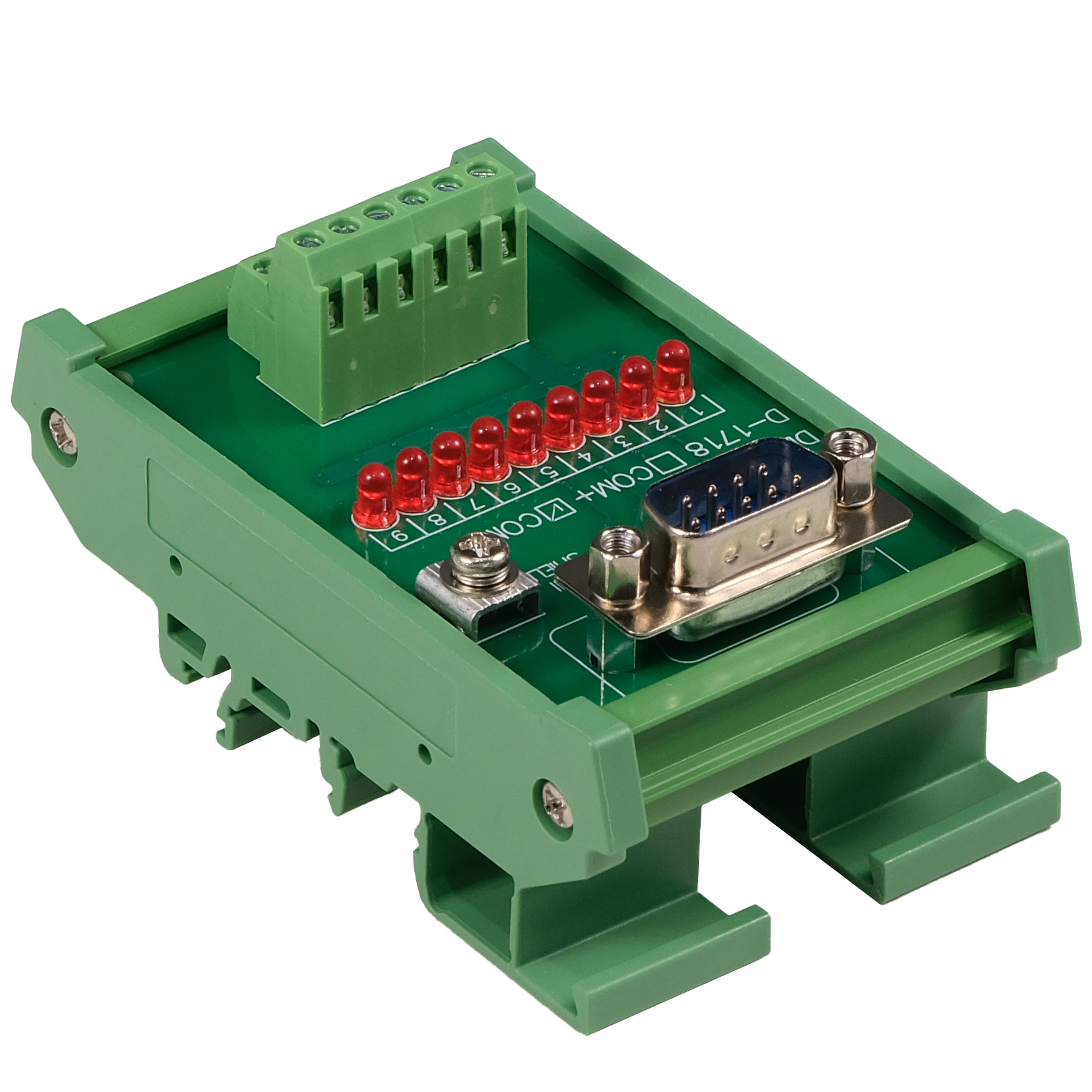 Male DB9 Interface Module, COM- with LEDs For Circuit Indication, DIN 41652/IEC60807 D-SUB Breakout Board Module, DIN Rail Mount