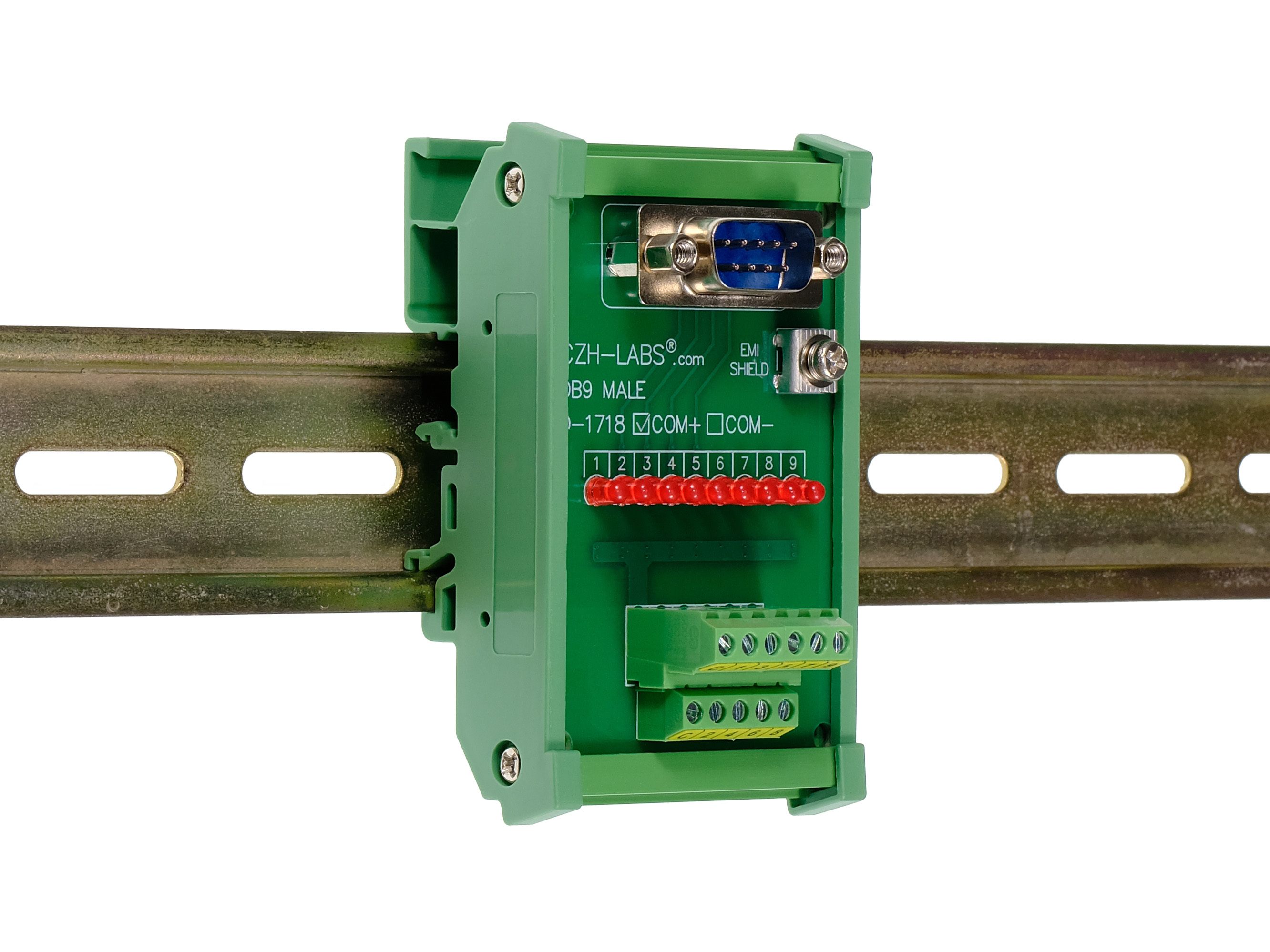 Male DB9 Interface Module, COM+ with LEDs For Circuit Indication, DIN 41652/IEC60807 D-SUB Breakout Board Module, DIN Rail Mount