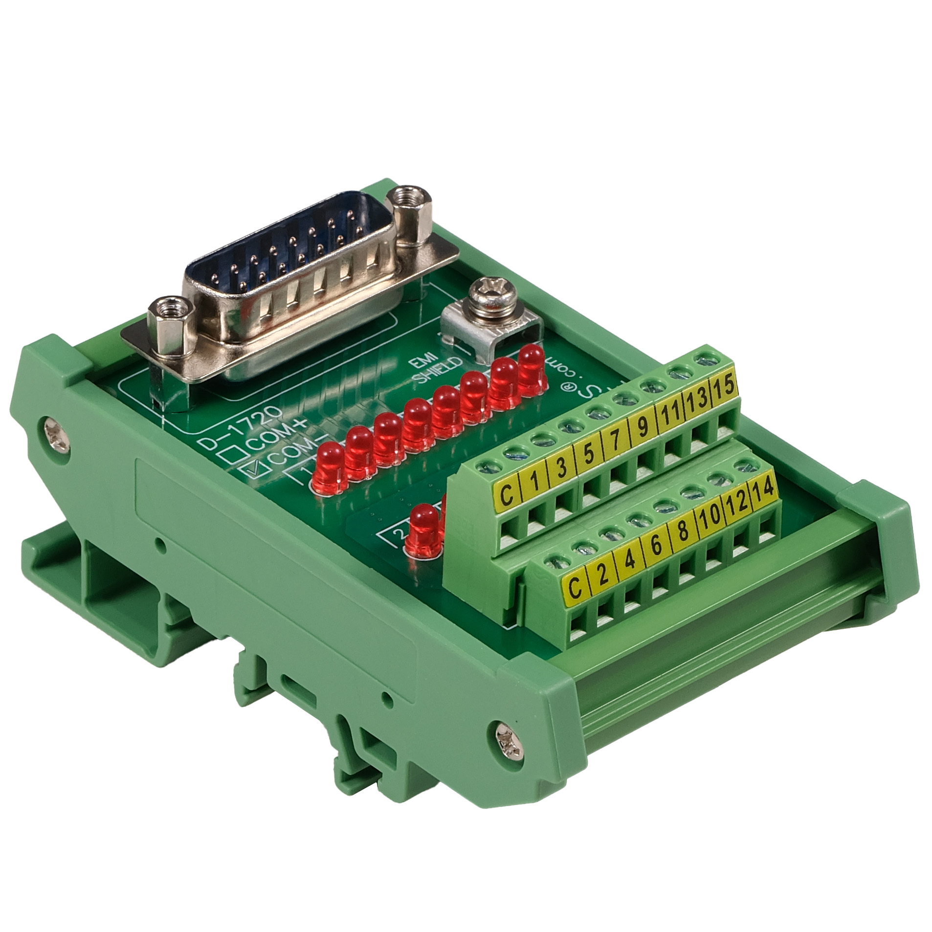 Male DB15 Interface Module, COM- with LEDs For Circuit Indication, DIN 41652/IEC60807 D-SUB Breakout Board Module, DIN Rail Mount